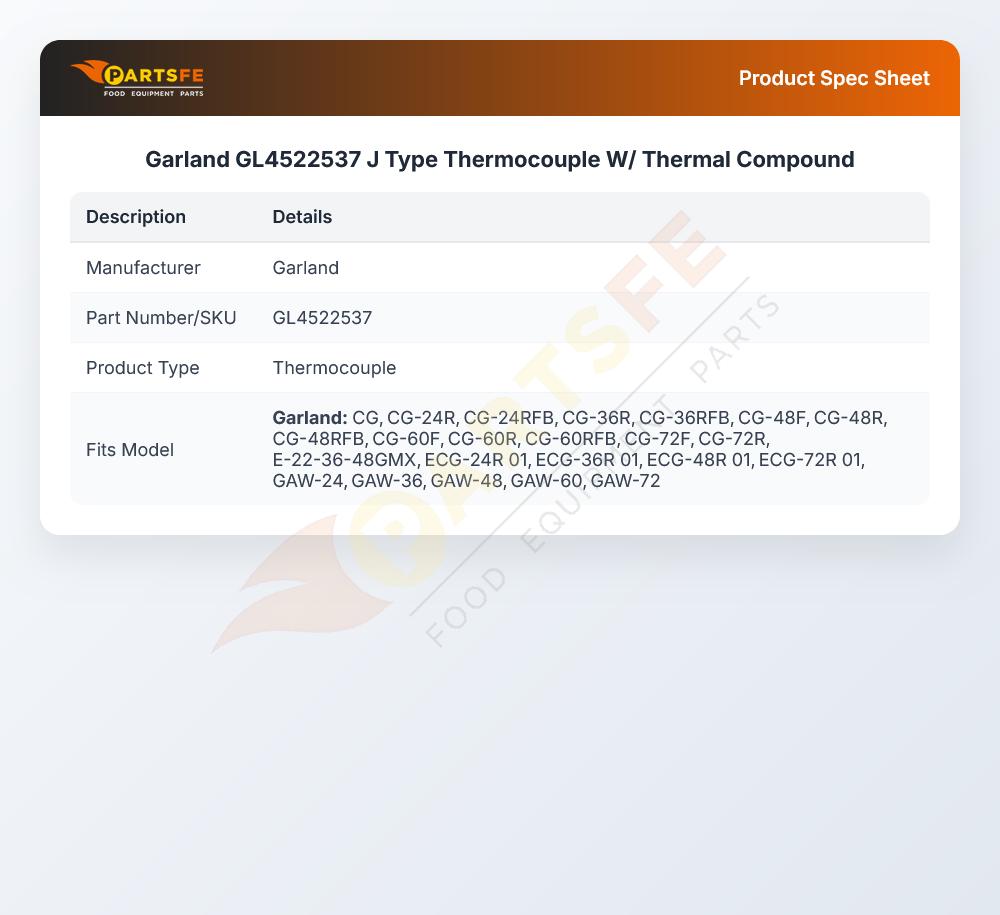 Garland GL4522537 Griddle Thermocouple J-Type W/Thermal Compound