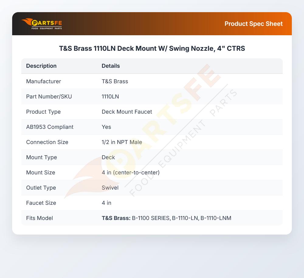 T&S Brass 1110LN Deck Mount W/ Swing Nozzle, 4" CTRS