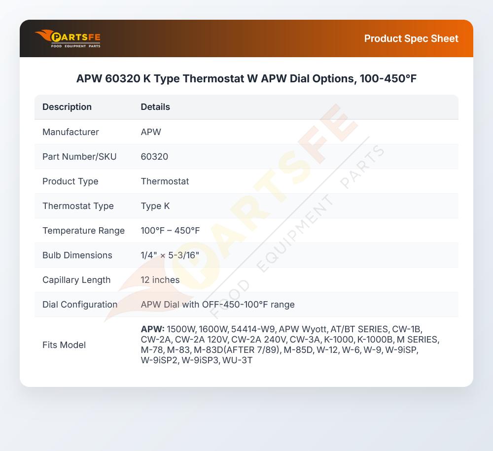 APW 60320 Thermostat 100-450&deg;F W/1/4" X 5-3/16" Bulb 12" CAP K-Type