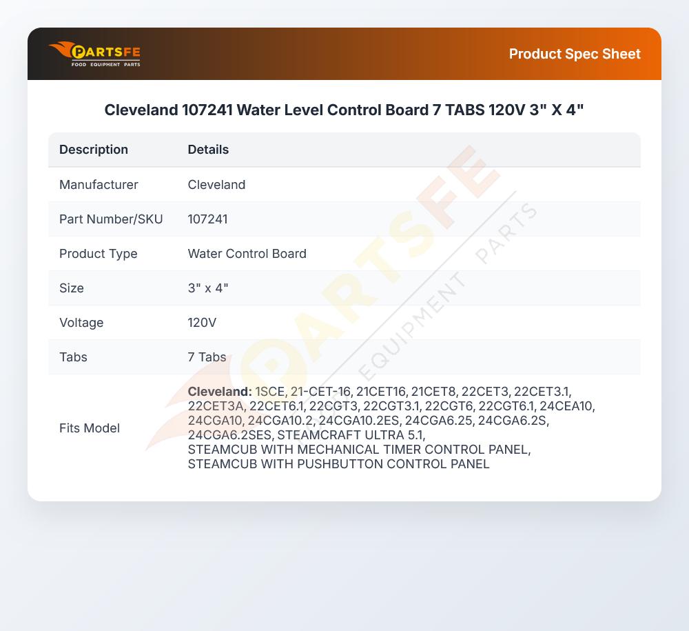 Cleveland 107241 Water Level Control Board 7 TABS 120V 3" X 4"