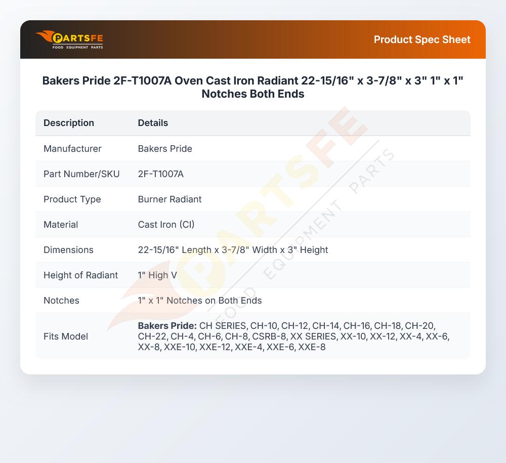 Bakers Pride 2F-T1007A Oven Cast Iron Radiant 22-15/16" x 3-7/8" x 3" 1" x 1" Notches Both Ends