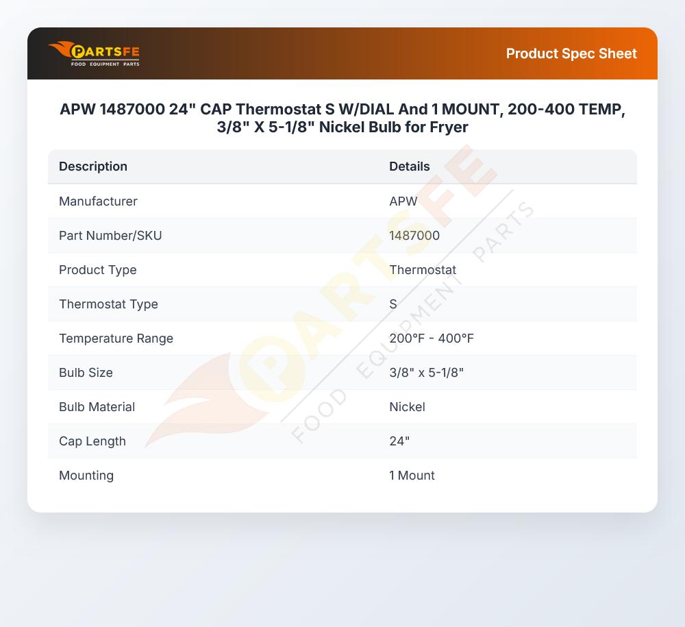 APW 1487000 Thermostat S-Type 200&deg;F-400&deg;F 3/8" X 5-1/8" Bulb 24" CAP