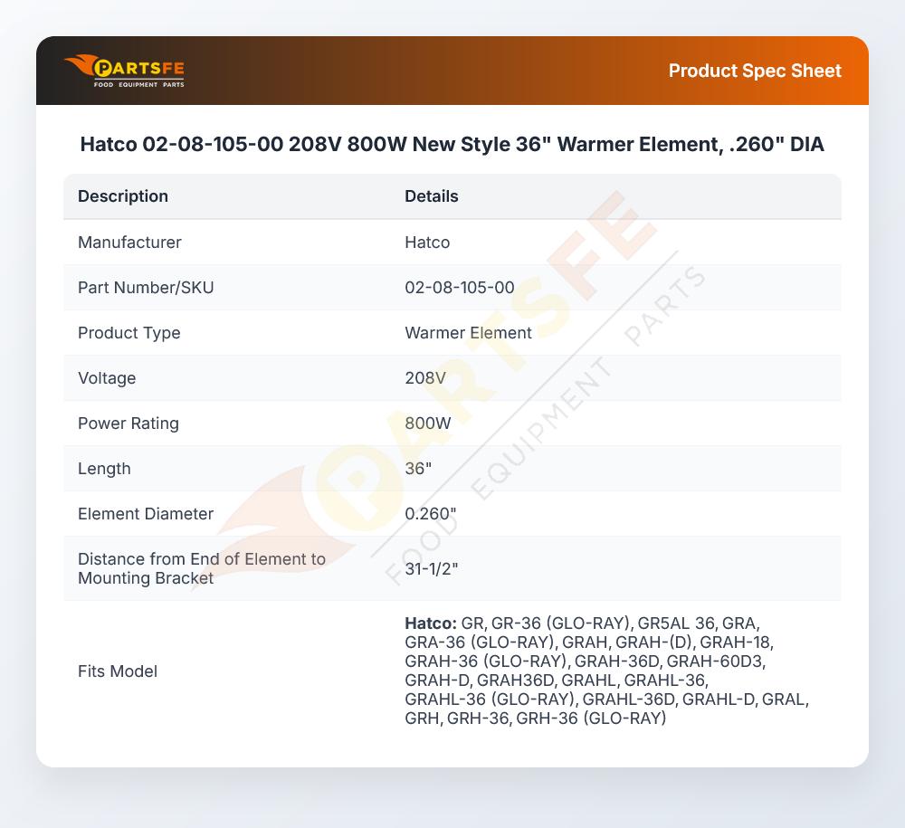 Hatco 02-08-105-00 208V 800W New Style 36" Warmer Element, .260" DIA