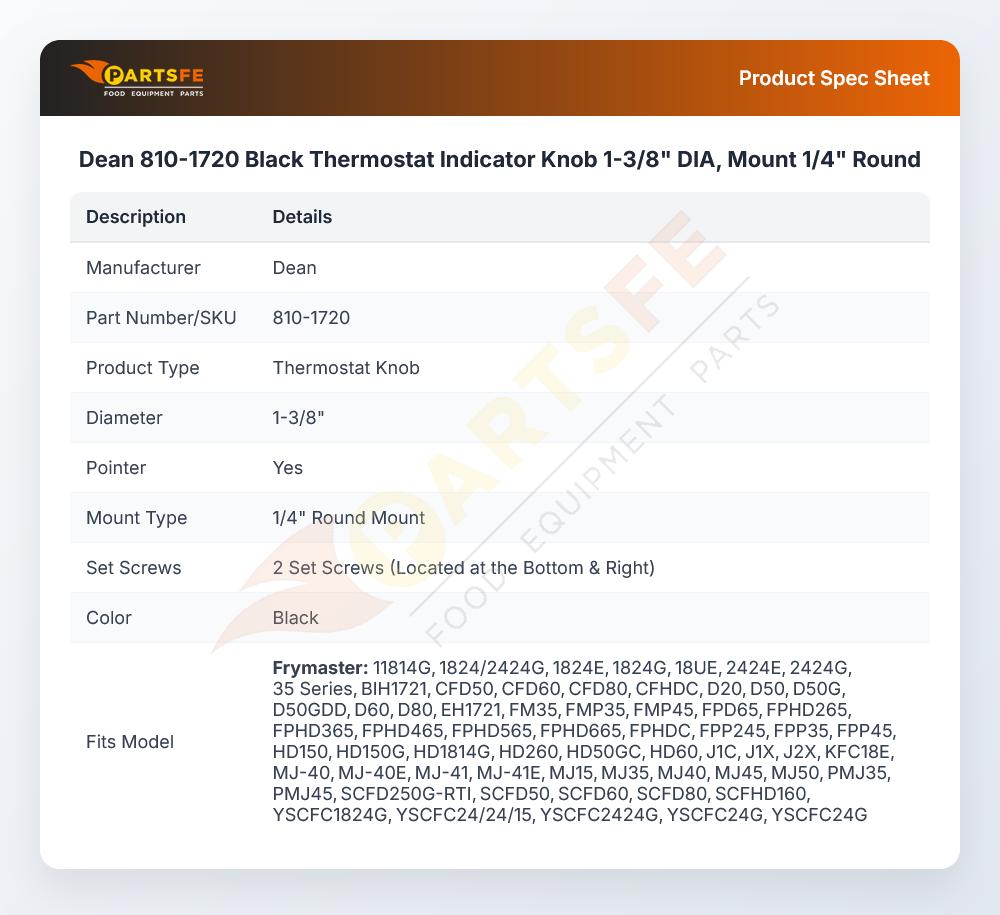Dean 810-1720 Black Thermostat Indicator Knob 1-3/8" DIA, Mount 1/4" Round