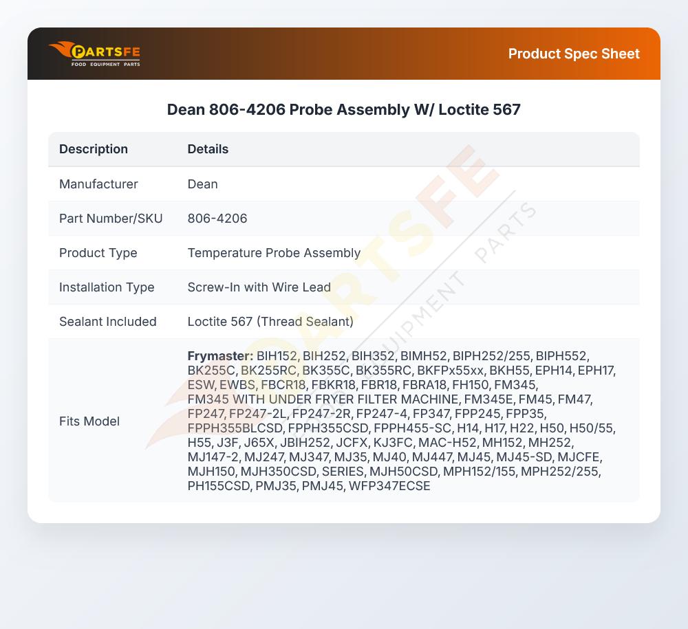 Dean 806-4206 Fryer Temperature Probe Assembly W/Loctite