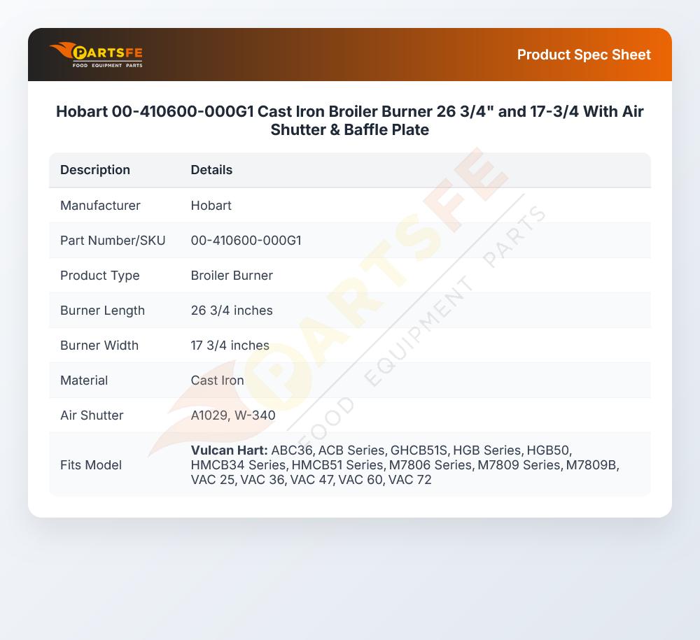 Hobart 00-410600-000G1 Cast Iron Broiler Burner 26 3/4" and 17-3/4 With Air Shutter & Baffle Plate