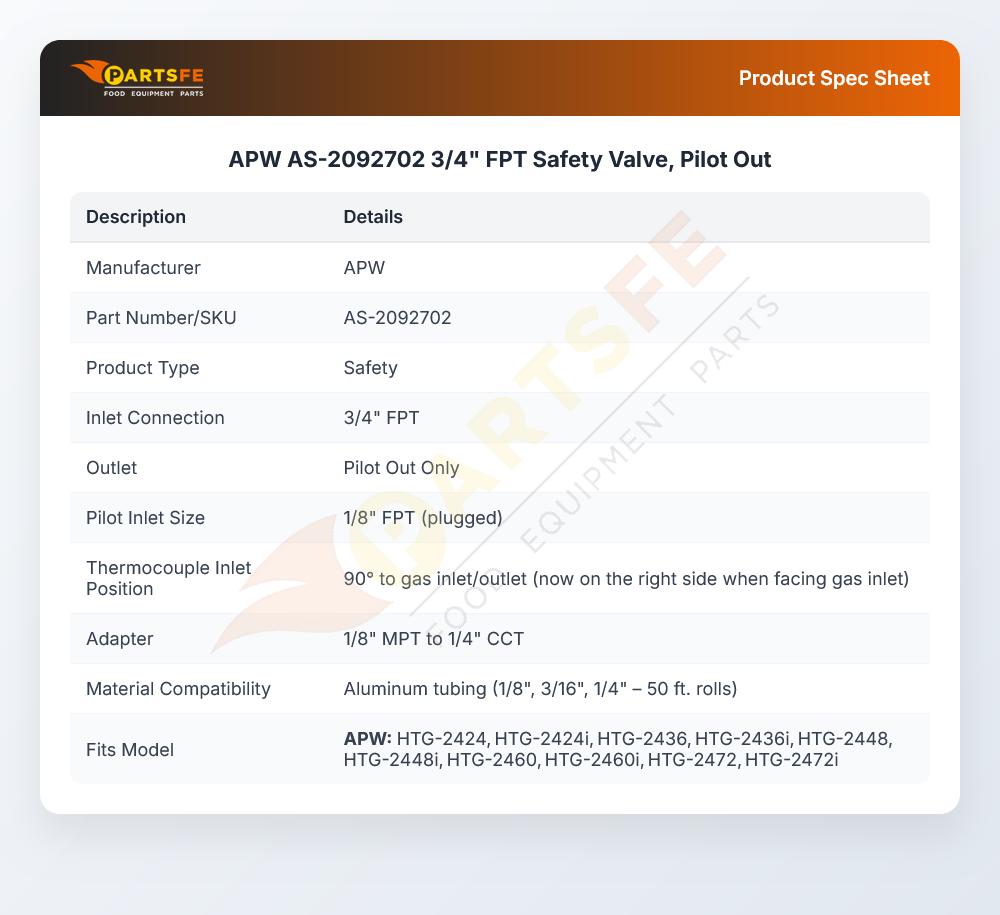 APW AS-2092702 Pilot Safety Valve 3/4" FPT