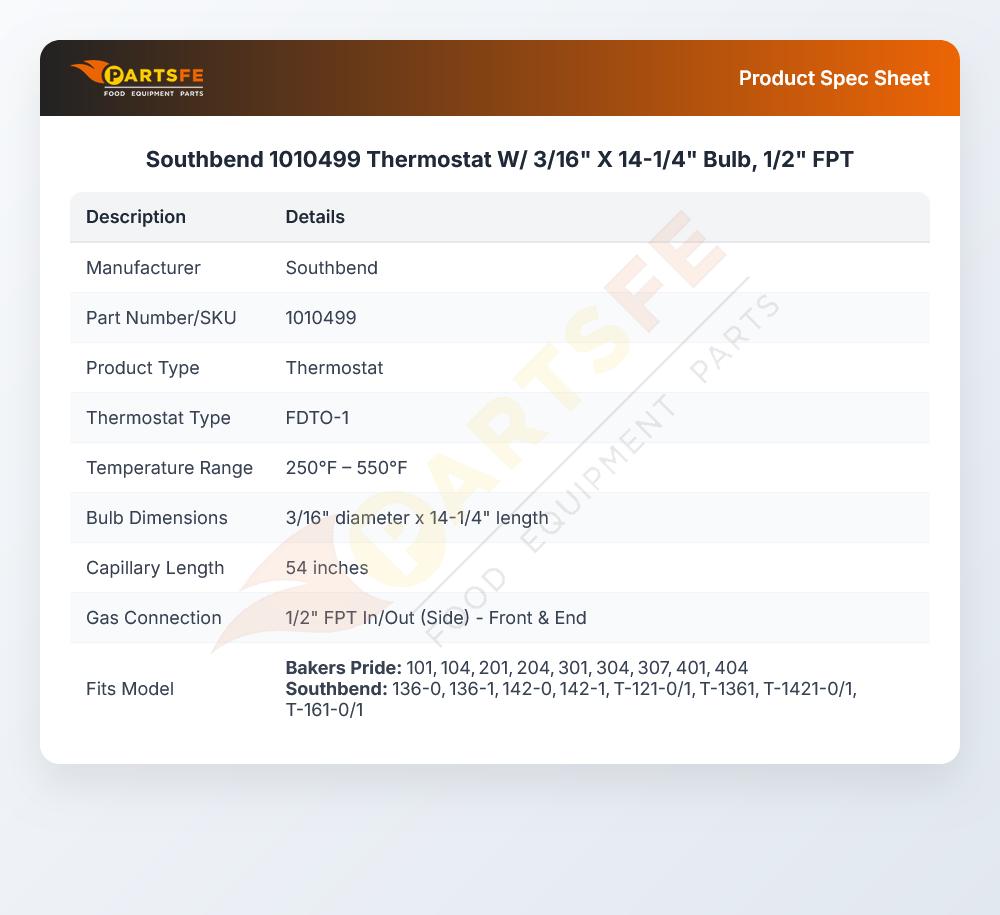 Southbend 1010499 FDTO-1 Thermostat W/ 3/16" X 14-1/4" Bulb 1/2" FPT
