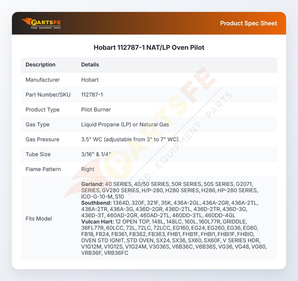 Hobart 112787-1 NAT/LP Oven Pilot