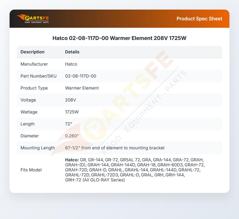 Hatco 02-08-117D-00 Warmer Element 208V 1725W