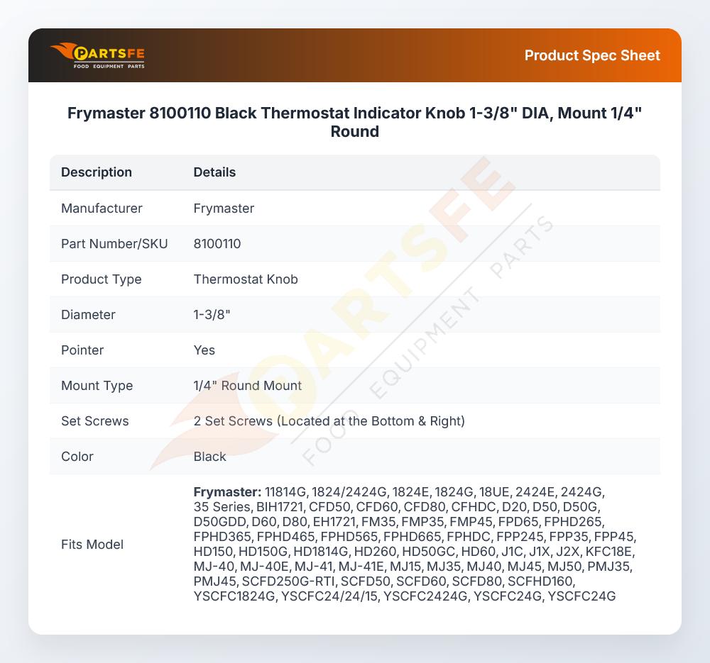 Frymaster 8100110 Fryer Thermostat Indicator Knob 1-3/8" DIA Mount 1/4"