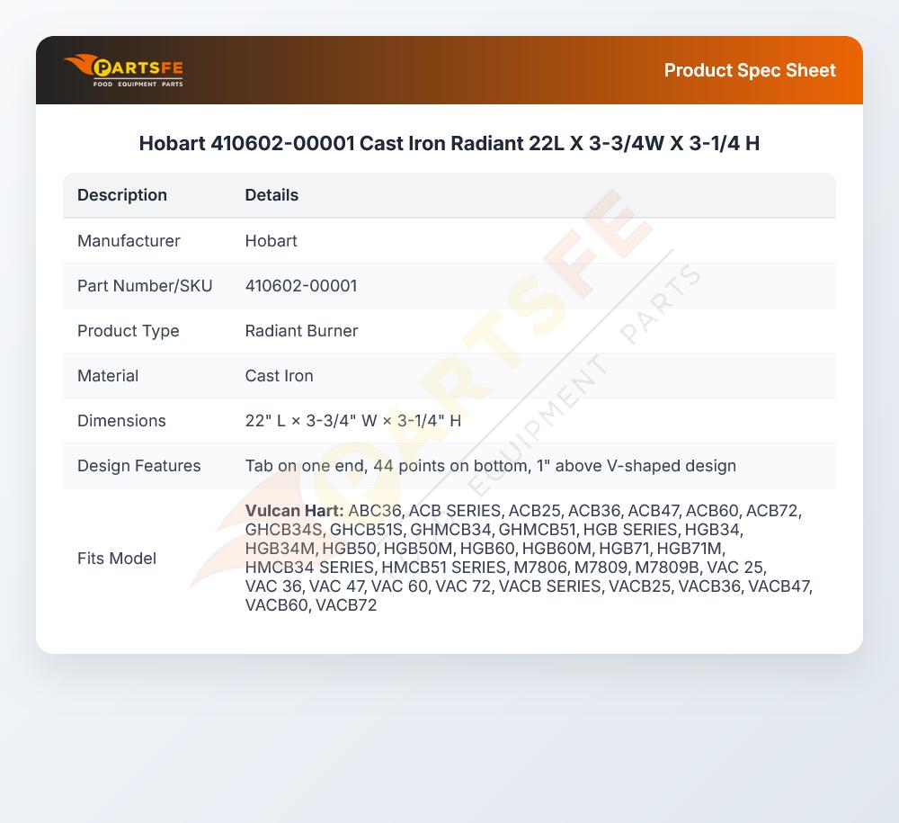 Hobart 410602-00001 Cast Iron Radiant 22L X 3-3/4W X 3-1/4 H