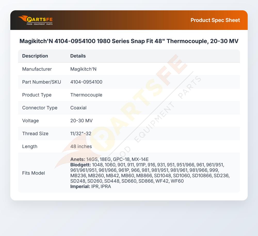 Magikitch'N 4104-0954100 1980 Series Snap Fit 48" Thermocouple, 20-30 MV