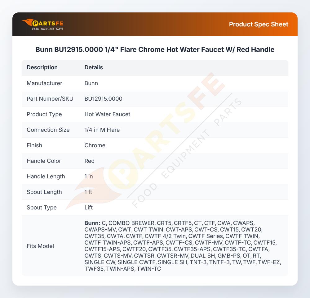 Bunn BU12915.0000 1/4" Flare Chrome Hot Water Faucet W/ Red Handle