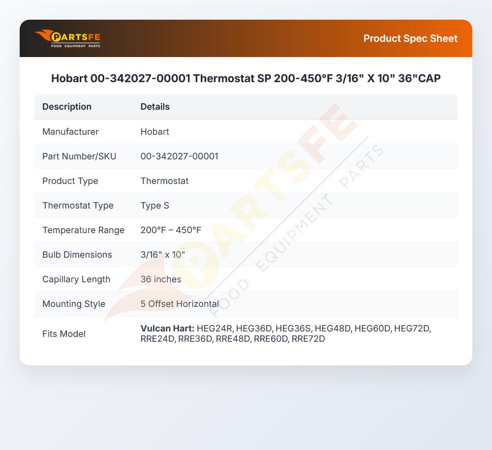 Hobart 00-342027-00001 Thermostat SP 200-450&deg;F 3/16" X 10" 36"CAP