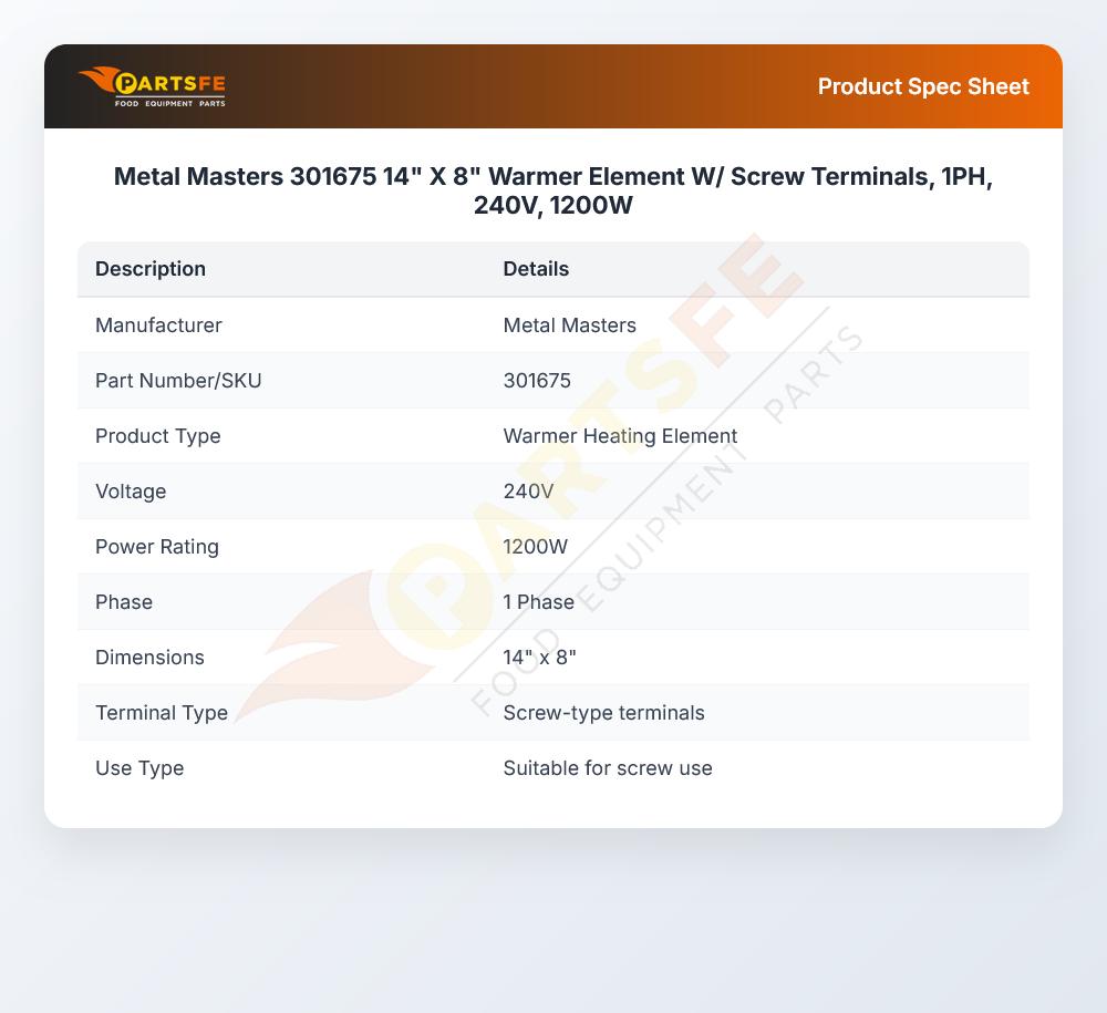 Metal Masters 301675 14" X 8" Warmer Element W/ Screw Terminals, 1PH, 240V, 1200W