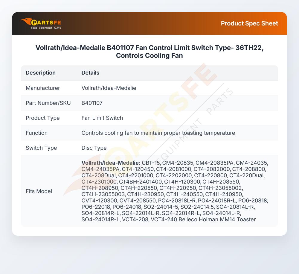Vollrath/Idea-Medalie B401107 Fan Control Limit Switch Type- 36TH22, Controls Cooling Fan
