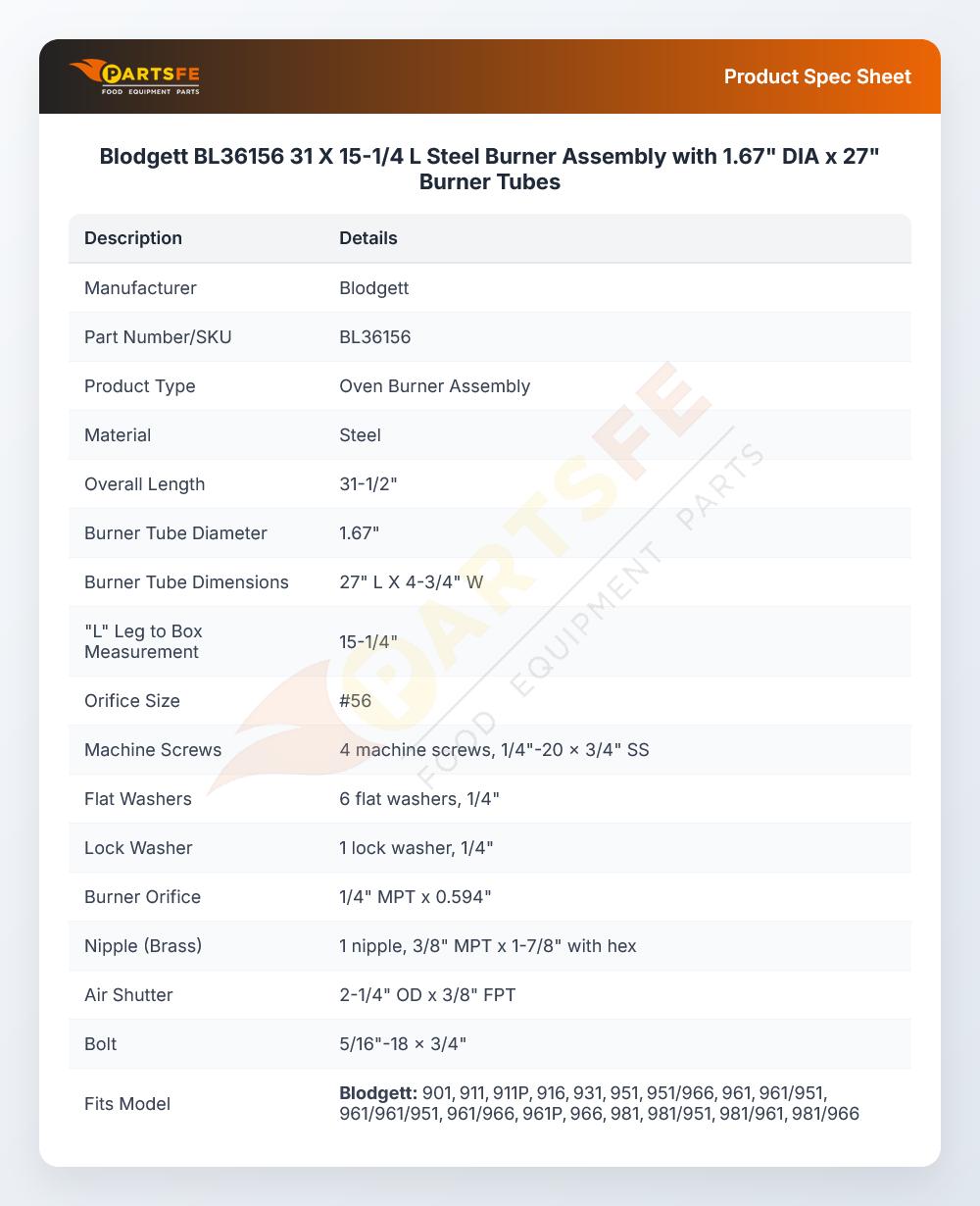 Blodgett BL36156 31 X 15-1/4 L Steel Burner Assembly with 1.67" DIA x 27" Burner Tubes