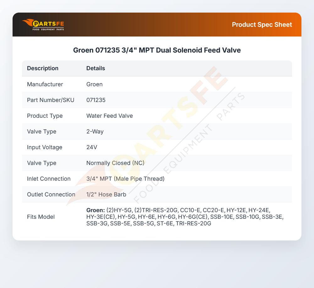 Groen 071235 3/4" MPT Dual Solenoid Feed Valve