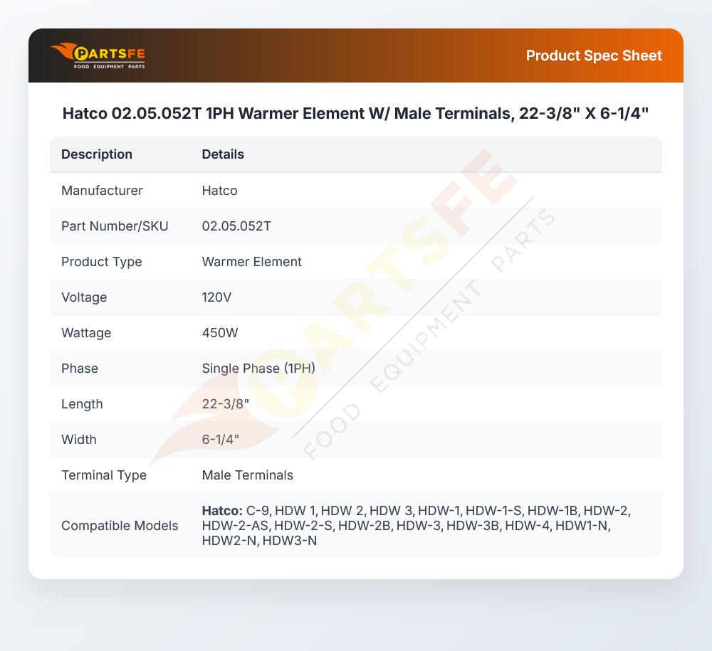 Hatco 02.05.052T 1PH Warmer Element W/ Male Terminals, 22-3/8" X 6-1/4"
