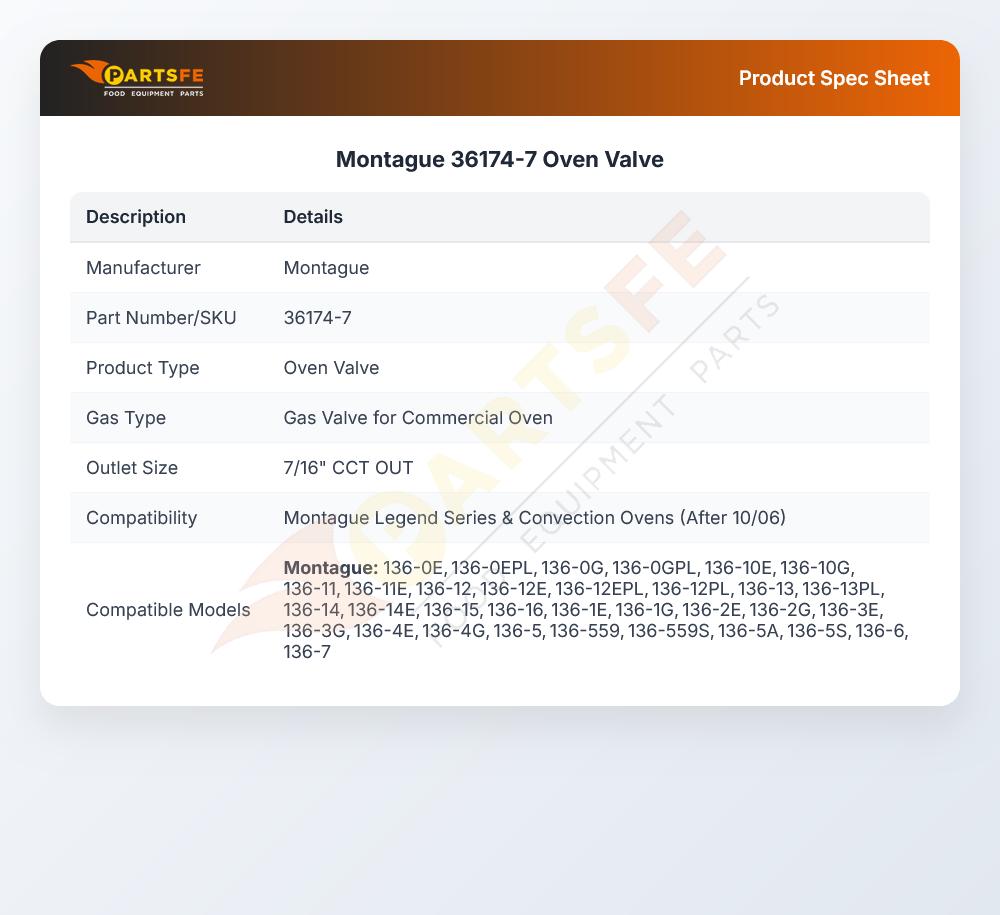 Montague 36174-7 Oven Valve