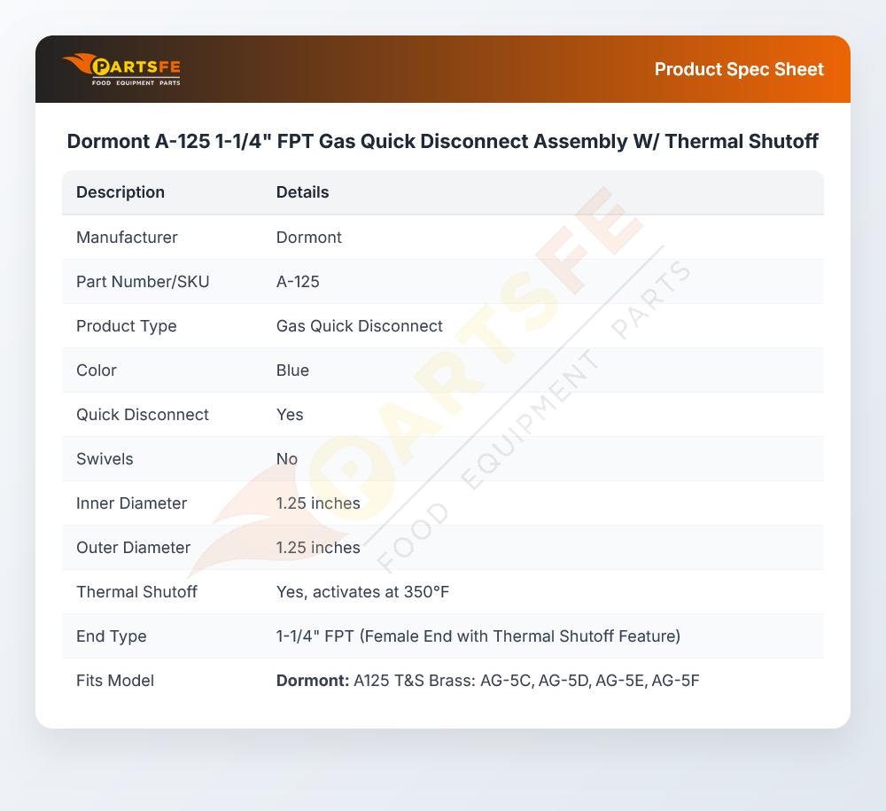Dormont A-125 Gas Quick Disconnect Assembly W/Thermal Shutoff 1-1/4" FPT