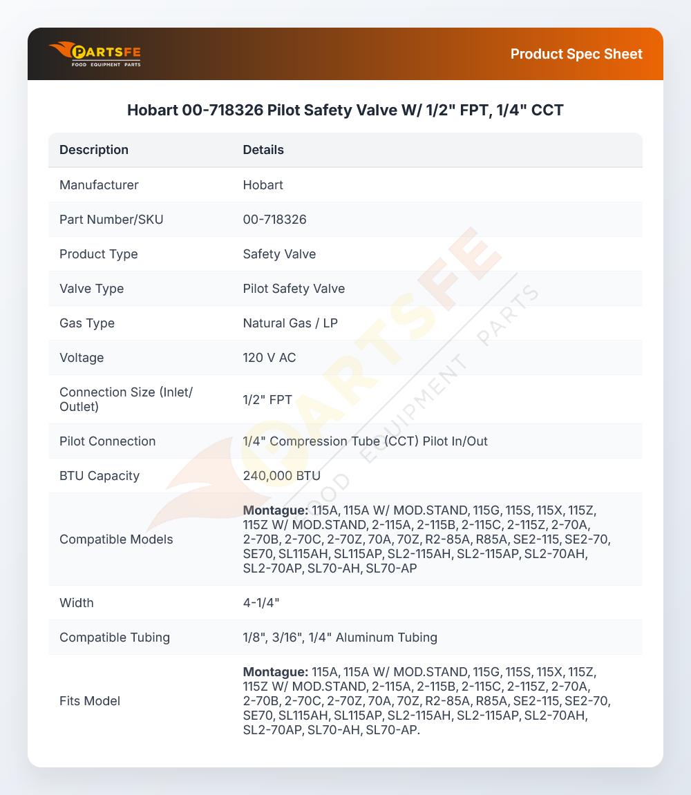Hobart 00-718326 Pilot Safety Valve 1/2" FPT 1/4" CCT