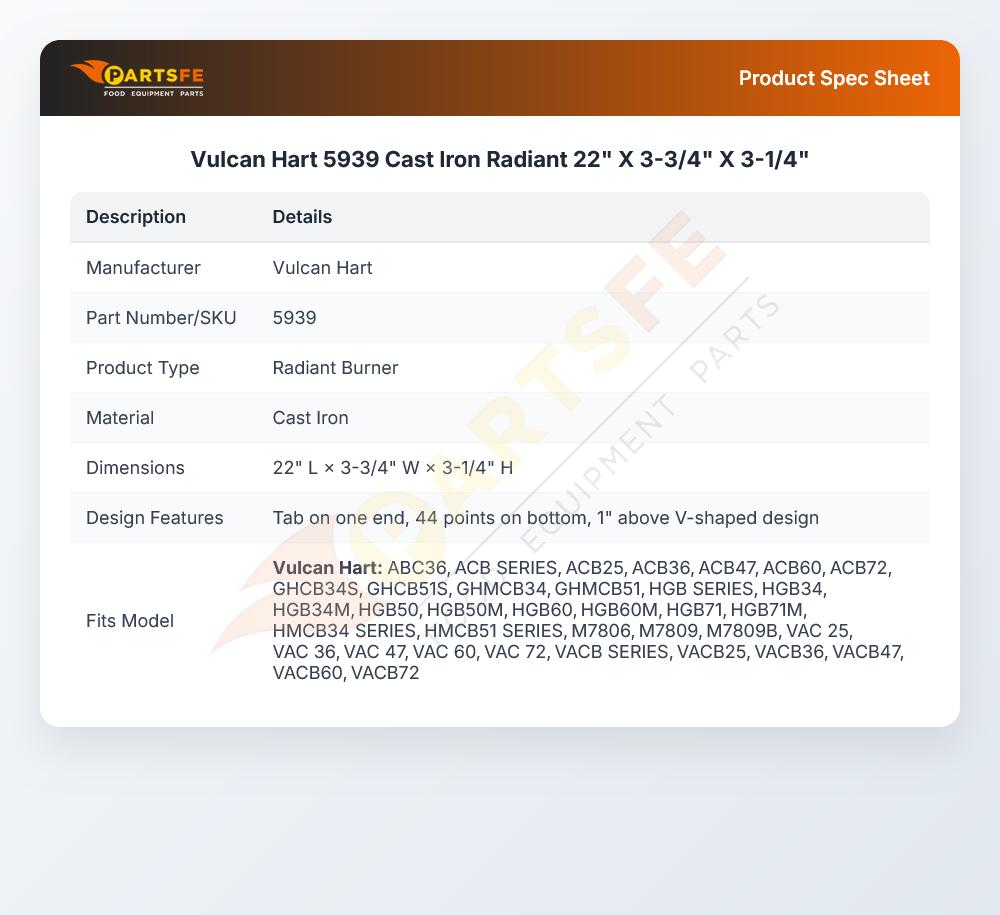 Vulcan Hart 5939 Cast Iron Radiant 22" X 3-3/4" X 3-1/4"