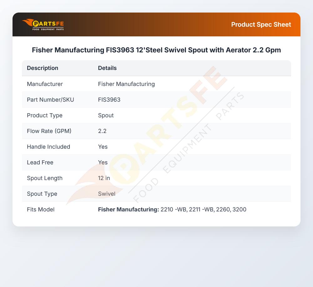 Fisher Manufacturing FIS3963 12'Steel Swivel Spout with Aerator 2.2 Gpm