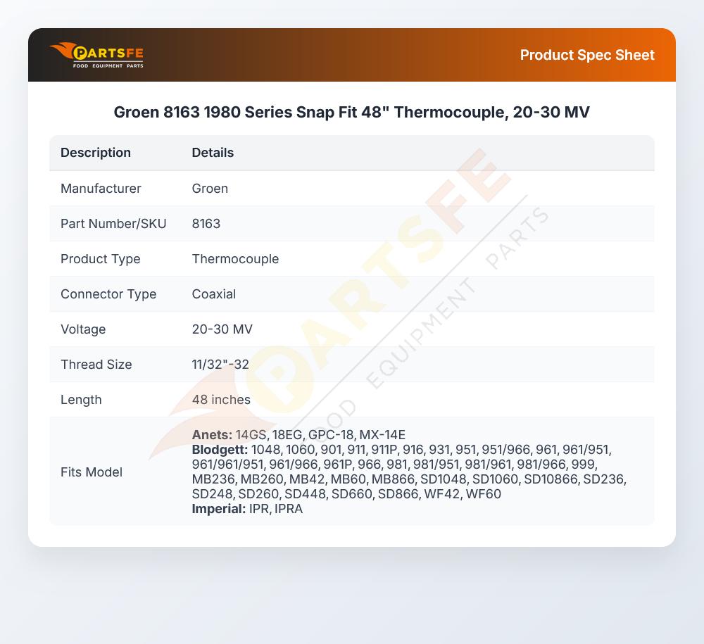 Groen 8163 1980 Series Snap Fit 48" Thermocouple, 20-30 MV