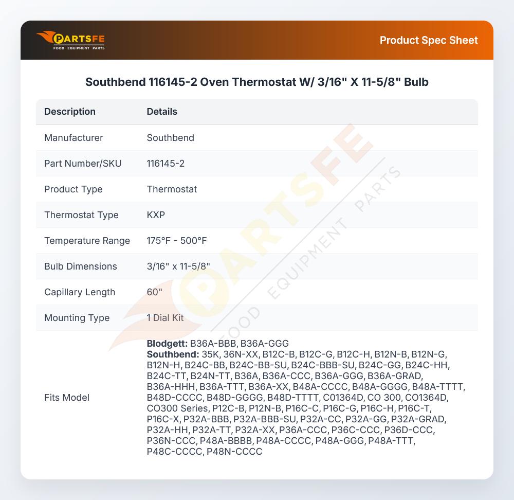 Southbend 116145-2 Thermostat W/Dial Bulb 3/16" X 11-5/8" CAP 60" 175&deg;F - 500&deg;F KX