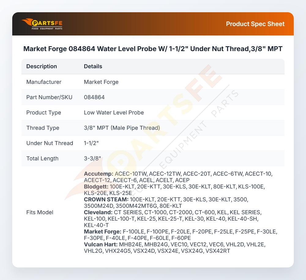 Market Forge 084864 Water Level Probe W/Under Nut Thread 1-1/2" 3/8" MPT
