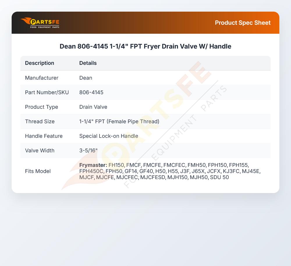 Dean 806-4145 Fryer Drain Valve W/Handle 1-1/4" FPT