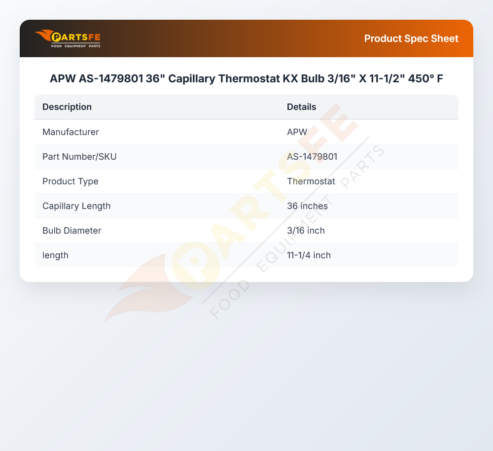 APW AS-1479801 Thermostat KX 3/16" X 11-1/2" Bulb 36" CAP 450&deg;F