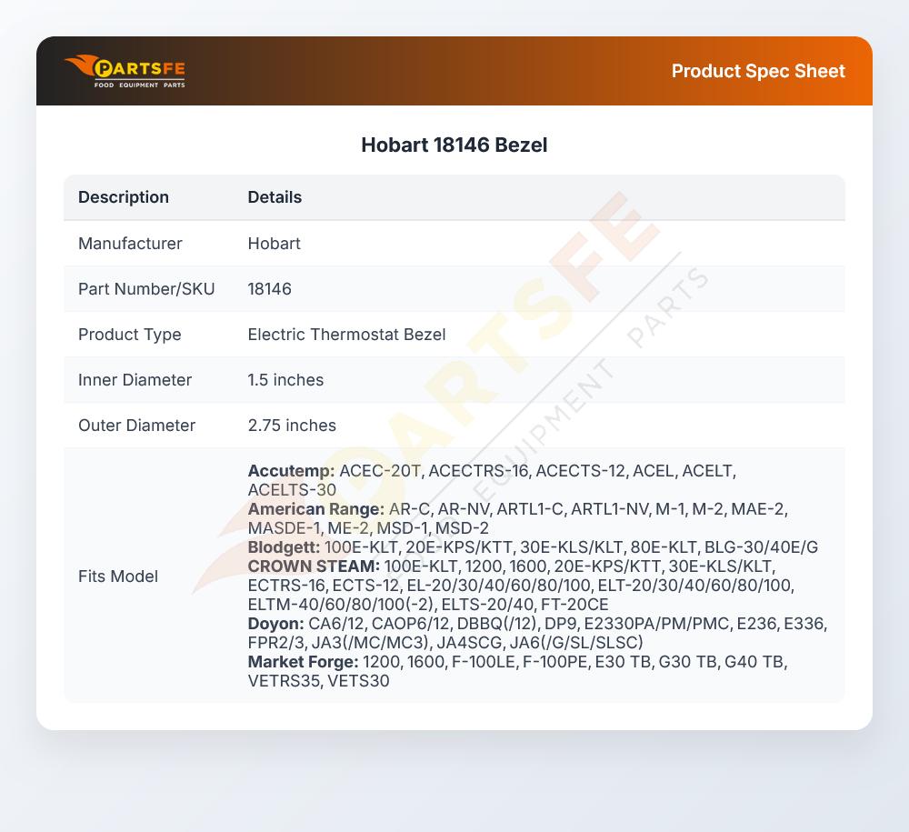 Hobart 18146 Electric Thermostat Bezel 2-Pole 1.5" ID X 2.75" OD