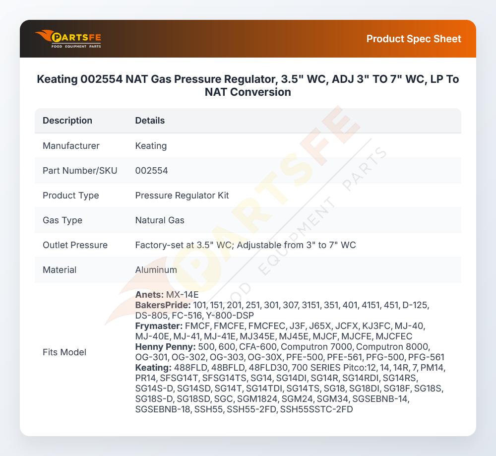 Keating 002554 Pressure Regulator LP To Natural Gas