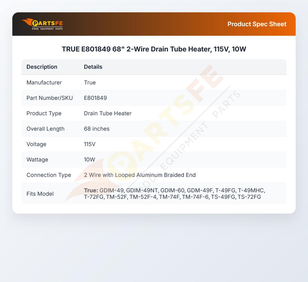 TRUE E801849 68" 2-Wire Drain Tube Heater, 115V, 10W