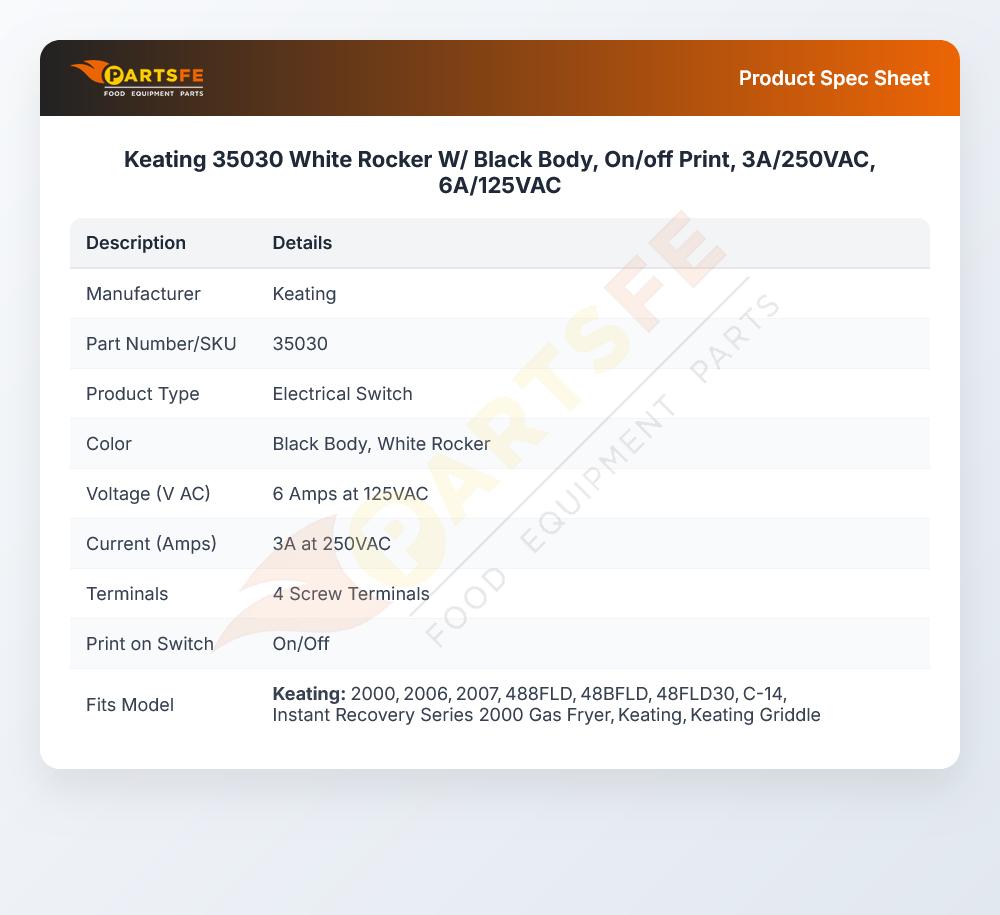 35030 White Rocker W/ Black Body, On/off Print, 3A/250VAC, 6A/125VAC