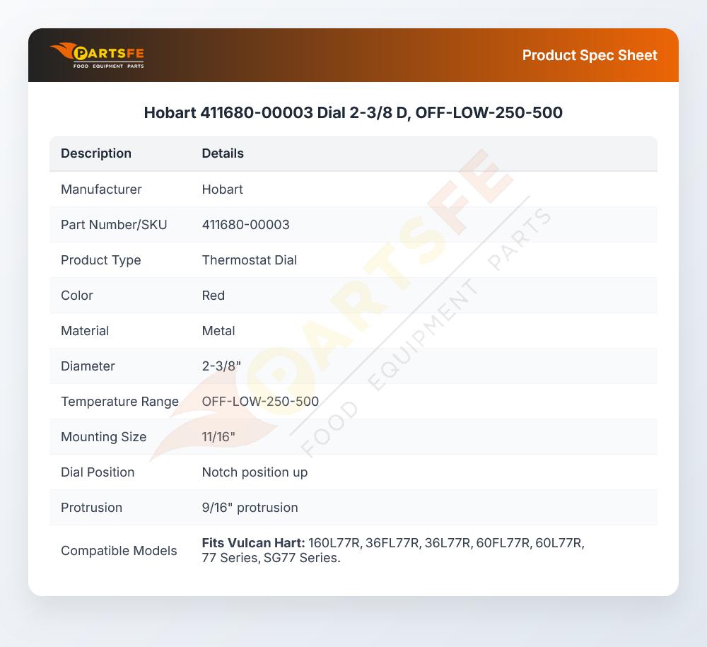 Hobart 411680-00003 Dial 2-3/8 D, OFF-LOW-250-500
