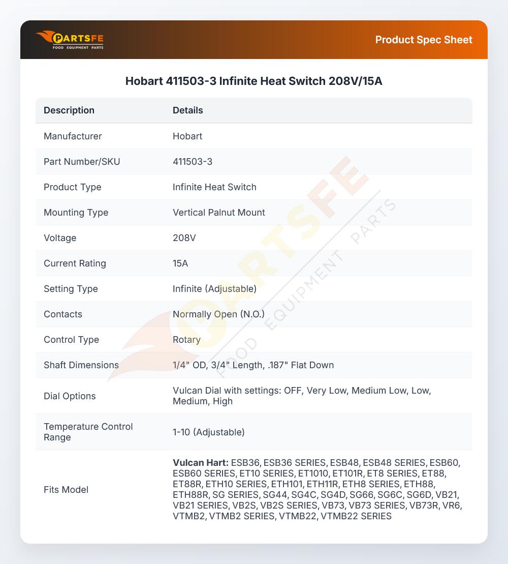 Hobart 411503-3 Infinite Heat Switch 208V/15A