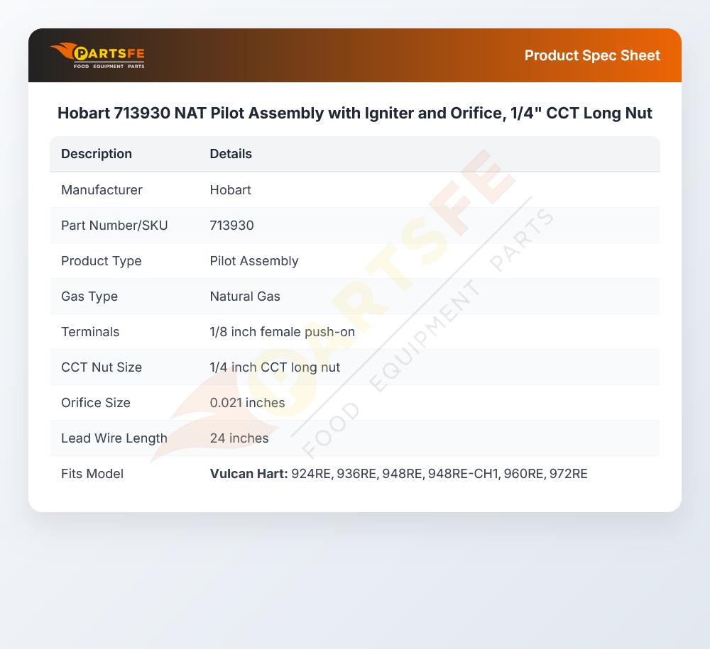 Hobart 713930 NAT Pilot Assembly with Igniter and Orifice, 1/4" CCT Long Nut