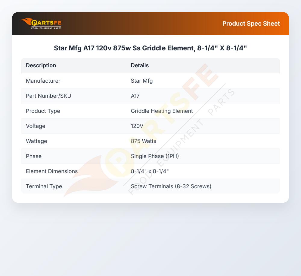 Star Mfg A17 Griddle Element 8-1/4" X 8-1/4" 875W 120V