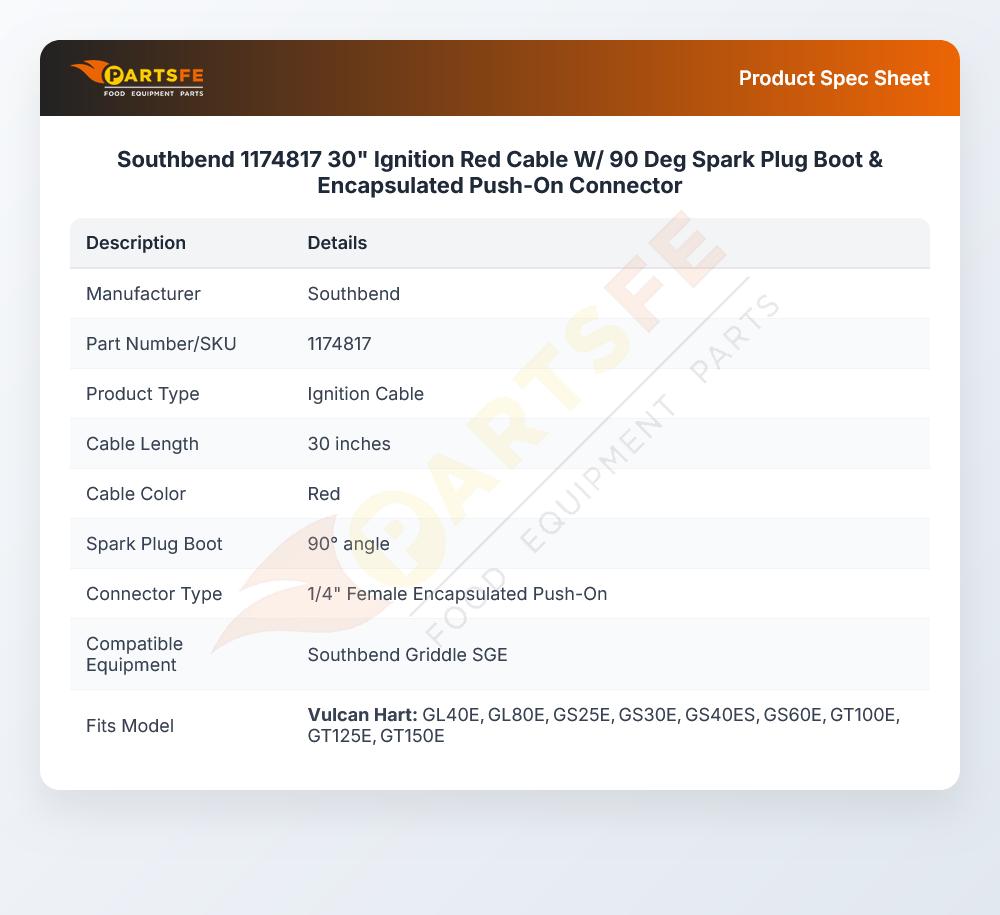 Southbend 1174817 30" Ignition  Red Cable W/ 90 Deg Spark Plug Boot & Encapsulated Push-On Connector