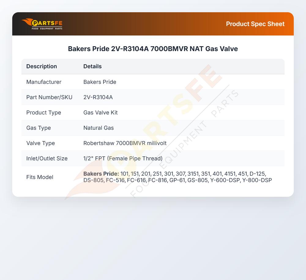 Bakers Pride 2V-R3104A 7000BMVR NAT Gas Valve