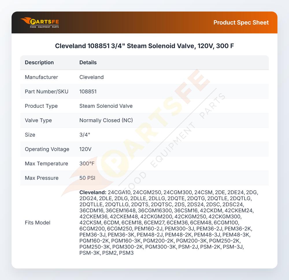 Cleveland 108851 Convection Steamer Solenoid Valve 3/4" Steam 120V