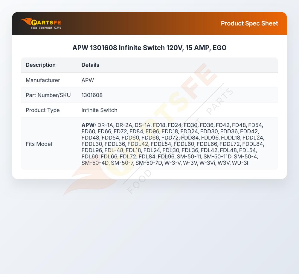 APW 1301608 Infinite Switch 120V, 15 AMP, EGO