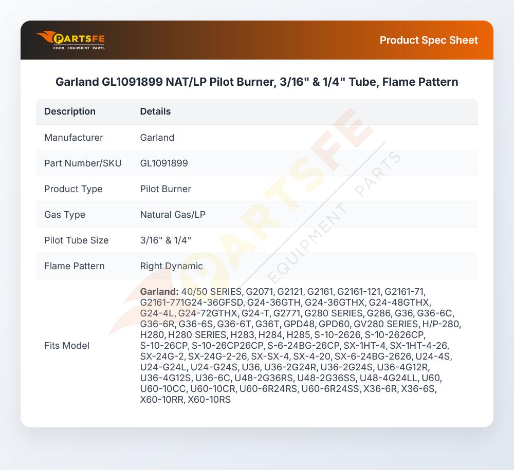 Garland GL1091899 NAT/LP Pilot Burner Tube Flame Pattern 3/16" & 1/4"
