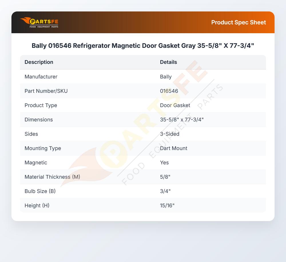 Bally 016546  Refrigerator Magnetic Door Gasket Gray 35-5/8" X 77-3/4"