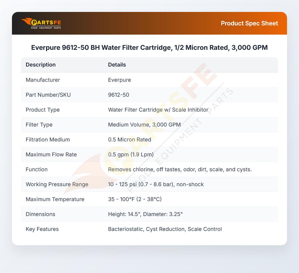 Everpure 9612-50 BH Water Filter Cartridge, 1/2 Micron Rated, 3,000 GPM
