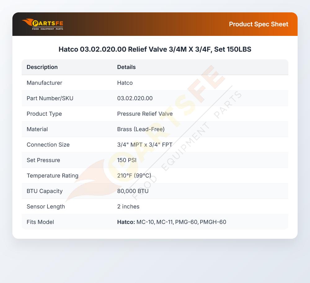 Hatco 03.02.020.00 Booster Heater Temperature/Pressure Relief Valve 150 PSI 210&deg;F